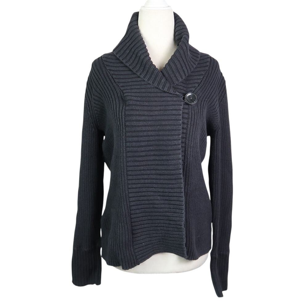 Vintage 90s Calvin Klein Black Cotton Ribbed Knit Cardigan Sweater L